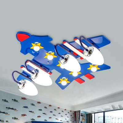 Cartoon Plane LED Ceiling Mount Light Wood Blue Flush Light with Star for Nursing Room
