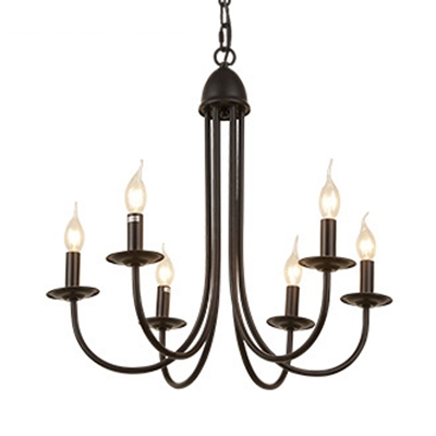 Colonial Style Black Pendant Lamp Flameless Candle 6/8 Lights Metal Chandelier for Study Room