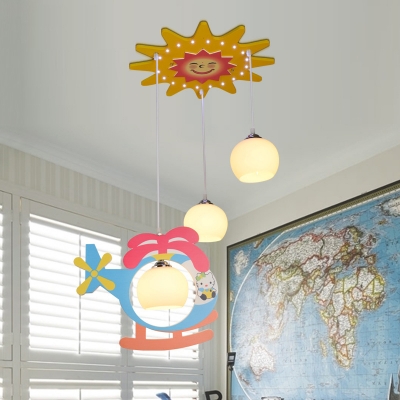 Colorful Helicopter Sun Suspension Light 3 Lights Lovely Wood Glass LED Ceiling Pendant for Kindergarten