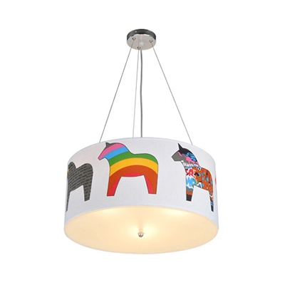 Contemporary Drum Pendant Lamp with Pony 5 Lights Fabric Suspension Light in White for Kid Bedroom