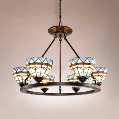 Dome Dining Room Chandelier Stained Glass 6 Lights Mediterranean Style Pendant Light