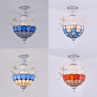 Dome Shade Bedroom Semi Flush Light Glass 2 Lights Mediterranean Style Ceiling Light