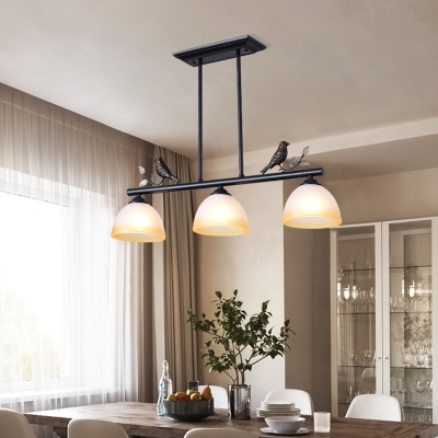 Dome Shade Island Light with Bird Decoration 3 Lights Traditional Frosted Glass Pendant Lamp in Black for Balcony