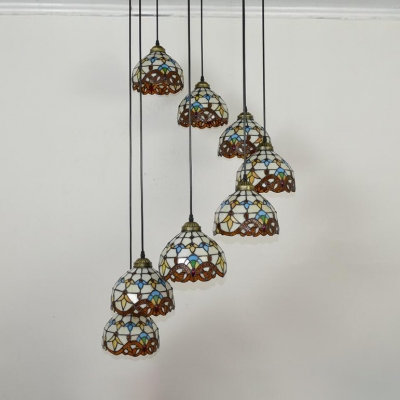 Dome Swirled Stair Pendant Light Stained Glass 8 Heads Victorian Ornate Hanging Light