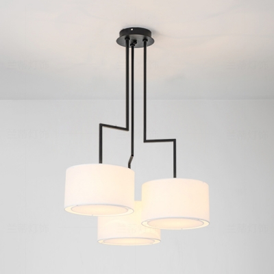 Drum Shade Restaurant Pendant Light Fabric 3 Lights Simple Style Chandelier in Black/Coffee/White