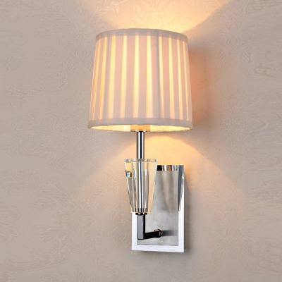 Fabric Fold Drum Wall Lamp with Crystal Villa Stair 1 Light Modern Sconce Wall Light in White