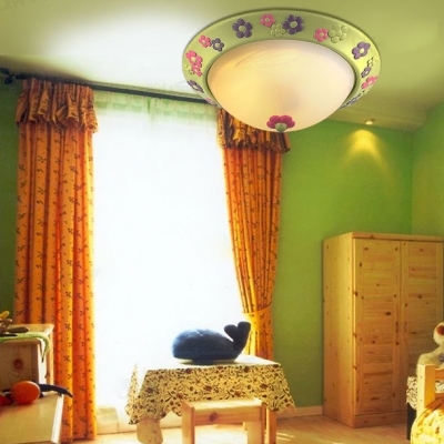 Flower Kid Bedroom Flush Mount Light Glass Cartoon Green LED Ceiling Lamp in Warm/White
