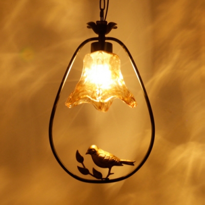 Flower Shade Hanging Lamp 1 Light Glass Ceiling Light with Bird Decoration for Balcony