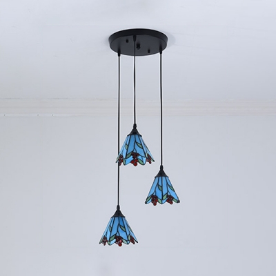 Fruit Cone Shade Pendant Light Tiffany Rustic Glass Hanging Light in Blue for Child Bedroom