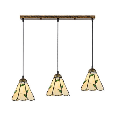 Glass Cone Island Pendant 3 Lights Tiffany Style Island Light in Beige/White for Living Room