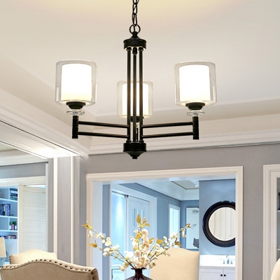 Glass Cylinder Pendant Lamp with Crystal 3/6 Lights Traditional Hanging Light in Black/Gold for Balcony