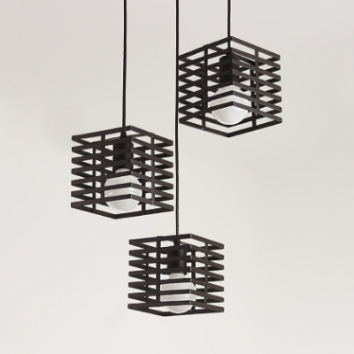 Hollow Square Foyer Hanging Light Metal 3 Lights Industrial Pendant Lamp in Black/White