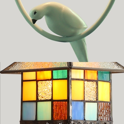 House/Star Balcony Pendant Light Stained Glass 3 Lights Antique Style Pendant Lamp with Pigeon
