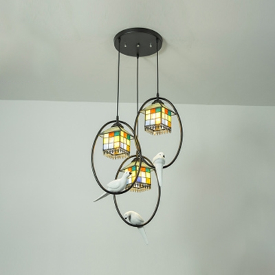House/Star Balcony Pendant Light Stained Glass 3 Lights Antique Style Pendant Lamp with Pigeon