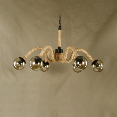 Industrial Beige Chandelier with Orb Shade 6 Lights Manila Rope Pendant Lamp for Cloth Shop