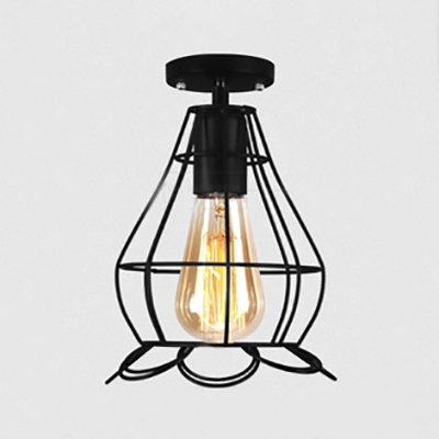 Iron Wire Frame Semi Flush Ceiling Light Restaurant 1 Head Antique Style Ceiling Fixture in Black