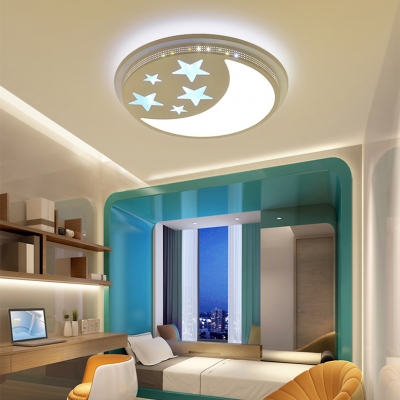Kids White LED Ceiling Fixture Star Moon Metal Stepless Dimming/Third Gear/White Lighting Flush Light for Bedroom