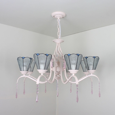 Living Room Cone Shade Chandelier Glass 6/8 Lights Traditional White Pendant Light with Clear Crystal