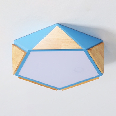 Macaron Colored Pentagon Flush Mount Light Creative Wood Acrylic Ceiling Light in Warm for Bedroom