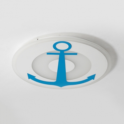 Metal Anchor LED Ceiling Mount Light Nautical Style Blue Flush Light in Warm/White/Third Gear for Boys Bedroom