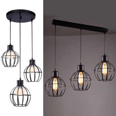 Metal Melon Cage Pendant Lamp 3 Lights Industrial Hanging Light in Black for Dining Room