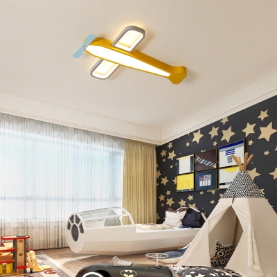 Metal Propeller Airplane Flush Ceiling Light Lovely Stepless Dimming Ceiling Lamp in Yellow for Nursing Room