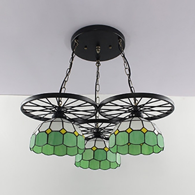 Metal Wheel Pendant Light with Grid Glass Shade 3 Lights Tiffany Industrial Hanging Light in Blue/Green/Orange