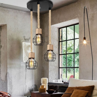 Metal Wire Frame Pendant Light Dining Table 3 Lights Rustic Style Hanging Light in Beige