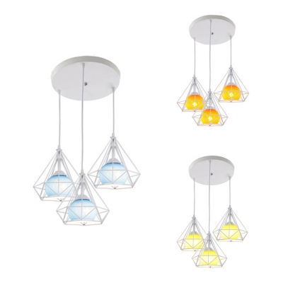 Modern Sphere Ceiling Pendant with Diamond Cage Metal 3 Lights Blue/Orange/Yellow Hanging Light for Shop