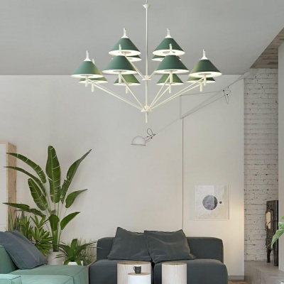 Nordic Style Conical Hanging Light 6/8/12 Lights Metal Chandelier in Green/White for Hotel