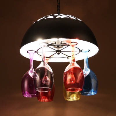 Restaurant Domed Hanging Light with Wine Glass Wrought Iron Multi-Color Chandelier