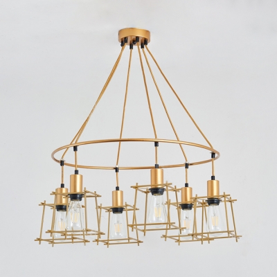 Restaurant Ring Hanging Light with Square Cage Metal 6 Lights Industrial Gold Pendant Light