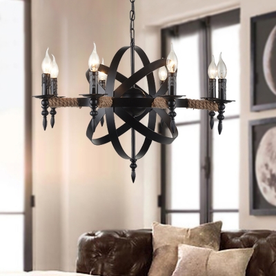 Round Restaurant Suspension Light with Candle Wrought Iron 8 Lights Industrial Chandelier in Black