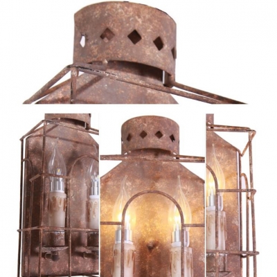 Rust Cage Wall Sconce with Candle 2 Lights Retro Loft Metal Wall Light for Villa Front Door