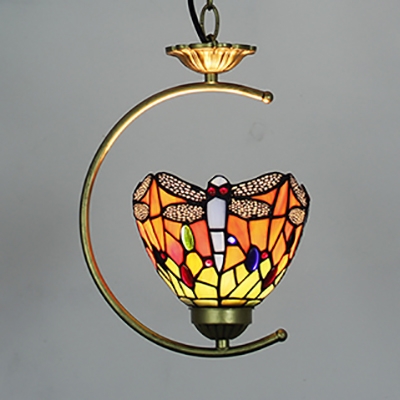 Rustic Dragonfly/Leaf/Rose Suspension Light Stained Glass 1 Light Hanging Light for Balcony