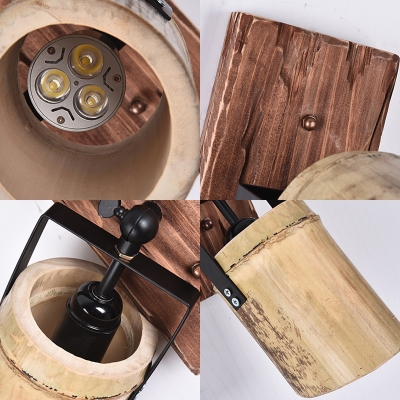 Rustic Style Beige Wall Light Cylinder 2/3 Lights Wood Angle Adjustable Sconce Light for Stair Foyer