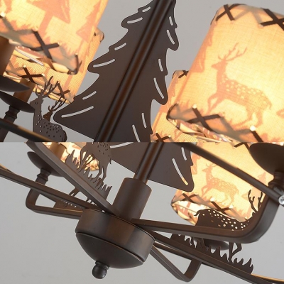 Rustic Style Deer Chandelier 3 Lights Fabric Metal Suspension Light in Beige for Bedroom