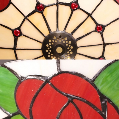 Stained Glass Bowl Ceiling Mount Light with Red Rose Bedroom Tiffany Rustic Ceiling Fixture