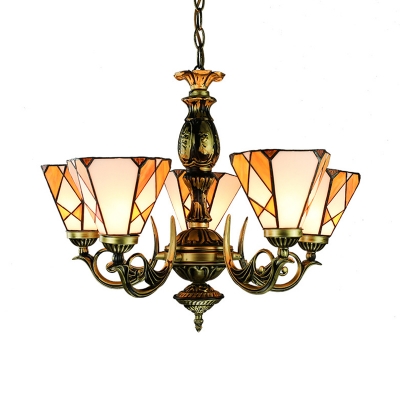 Stained Glass Cone Pendant Light 5 Lights Tiffany Style Rustic Chandelier in Yellow