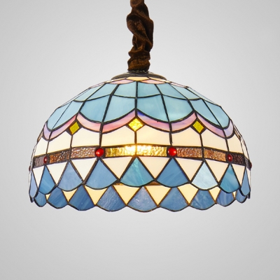 Stained Glass Grid Bowl Hanging Lihgt 12/16 Inch Tiffany Nautical Style Ceiling Pendant in Blue for Cafe