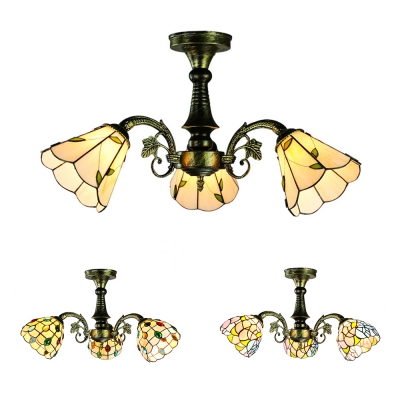 Study Room Cone Semi Flush Light with Leaf/Peacock Tail/Flower Glass 3 Lights Tiffany Style Ceiling Fixture