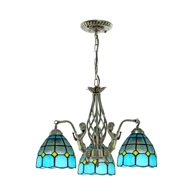 Study Room Dome Pendant Light with Mermaid Glass 3 Lights Mediterranean Style Chandelier