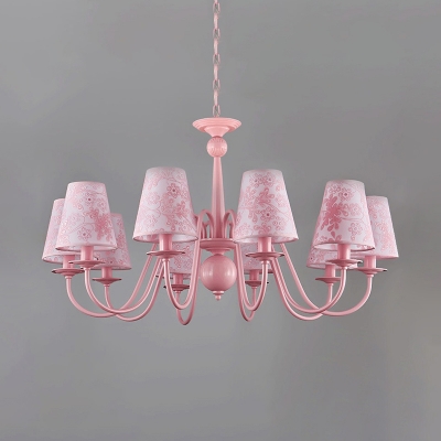 Tapered Shade Living Room Chandelier with Flower Metal 8/10 Lights Hanging Lamp in Pink