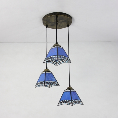 Traditional Cone/Craftsman Pendant Lamp Glass 3 Lights Blue/White Hanging Light for Dining Room