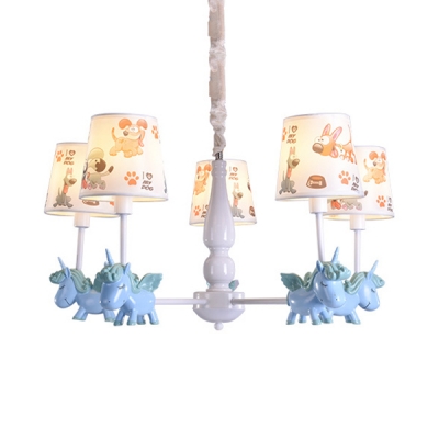 Unicorn Child Bedroom Pendant Lamp with Tapered Shade Metal 5 Lights Lovely Chandelier in Blue/Pink
