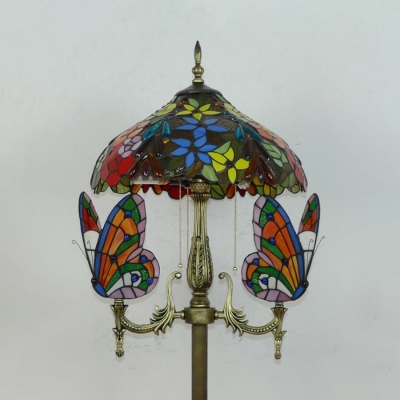 Vintage Multi-Color Floor Lamp Dome Shade 5 Lights Glass Standing Light with Butterfly for Bedroom