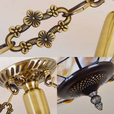 Vintage Style Beige Chandelier Dome Shade Stained Glass Hanging Light with Flower for Bedroom