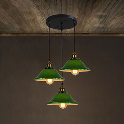 Vintage Style Bell Shade Pendant Light Glass 3 Lights Green Hanging Lamp with Linear/Round Canopy for Bedroom