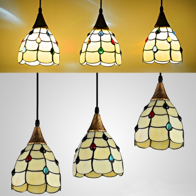 Vintage Style Bowl Island Pendant Stained Glass 3 Lights Heritage Brass Hanging Light for Restaurant