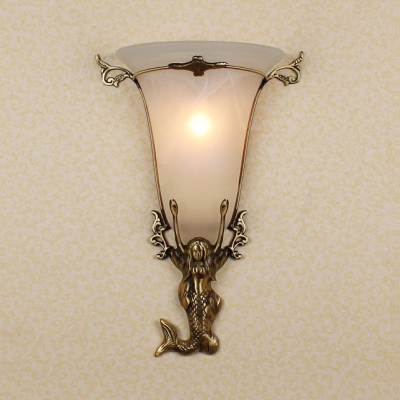 White Bell Shade Sconce Light with Mermaid 1 Light Colonial Style Frosted Glass Wall Lamp for Bedroom